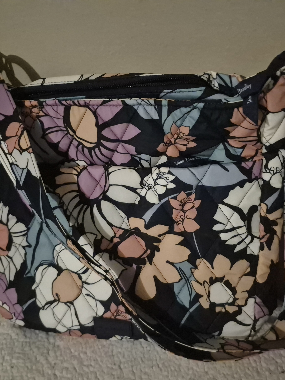 Vera Bradley Black Floral Quilted Tote with Pastel Accents